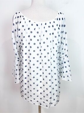 FLORA ASHLEY WHITE BLACK POLKA DOT 3/4 BELL SLEEVE FLOWY BLOUSE SZ MEDIUM